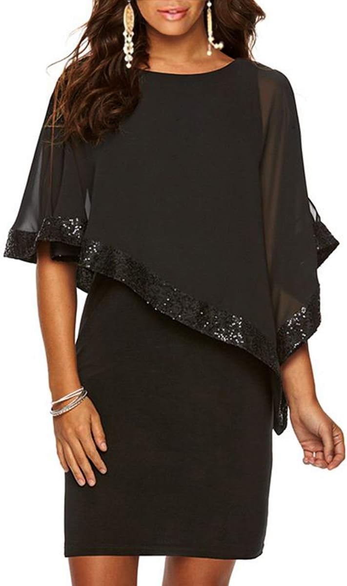 VNOOK Women Plus Size Cold Shoulder Cape Batwing Party Mini Dress Black XL