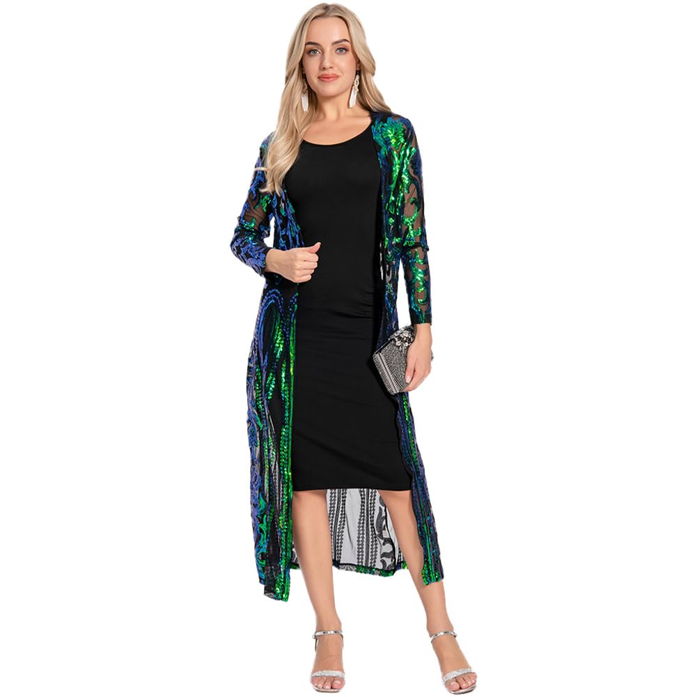 Womens Cardigan Sparkle Sequins Open Front Long Sleeve Cardigan Coat Dress for Evening Party