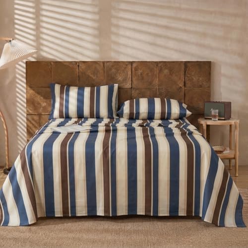 Image of Merryword Blue Cabana Striped Sheet Set King Size - 100% Cotton Striped Bedding 4 Pieces, Soft Breathable Percale Weave, 17.5 inch Deep Pocket, Luxury Linen Like, All Season Comfort