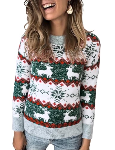 Marvmys Jersey Navideño para Mujer Manga Larga Suéter de Navidad Invierno Ropa de Punto de Reno Monigote de Nieve Cuello Redondo