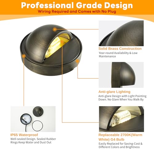 Image of Gardenreet Solid Brass Deck Light, 12V, 2700K Warm White G4, 1 Pack | Solid Brass, Antique Bronze Finish, IP65 Waterproof, Hardwired 9V-17V Design, Replaceable G4 LED Bulb