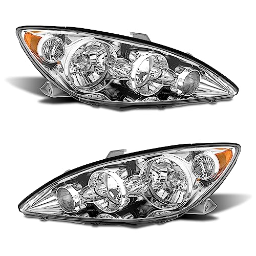 ADCARLIGHTS for 2005-2006 Camry 4-Door Sedan Headlight Assembly compatible with 2005 2006 Toyota Camry Chrome Housing with Amber Reflector Headlamp Replacement Left and Right Pair
