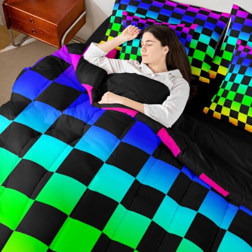 Image of Multicolored Checkered Retro Comforter Set With Sheets 7 Piece Queen Size Geometric Vintage Bed in a Bag Kids Boys Girls Colorful Bedding Set Modern Groovy Aesthetic Bedroom Decor Breathable Soft
