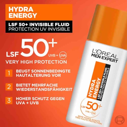 L'Oréal Men Expert UV Sonnenschutz LSF 50 für Männer, Invisible Fluid für das Gesicht gegen Sonnenstrahlen, Herren Sonnencreme SPF 50+ gegen Hautalterung mit Vitamin C, Hydra Energy, 1 x 50 ml 3