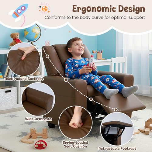 Image of HONEY JOY Kids Recliner, 2-in-1 Toddler Armrest Sofa Couch with Cup Holders, Adjustable Footrest, PU Leather, Child-Size Recliner Chair for Boys Girls Age 3+ (Brown)