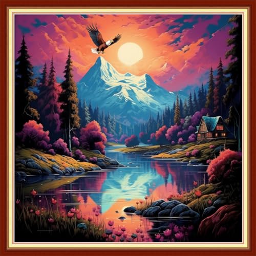 Image of Foxhool Beginners Cross Stitch Kits Stamped Full Range of Embroidery Kits for Adults DIY Cross Stitches kit Embroidery Patterns for Needlepoint kit-Moonlight Scenery 18x18 inch