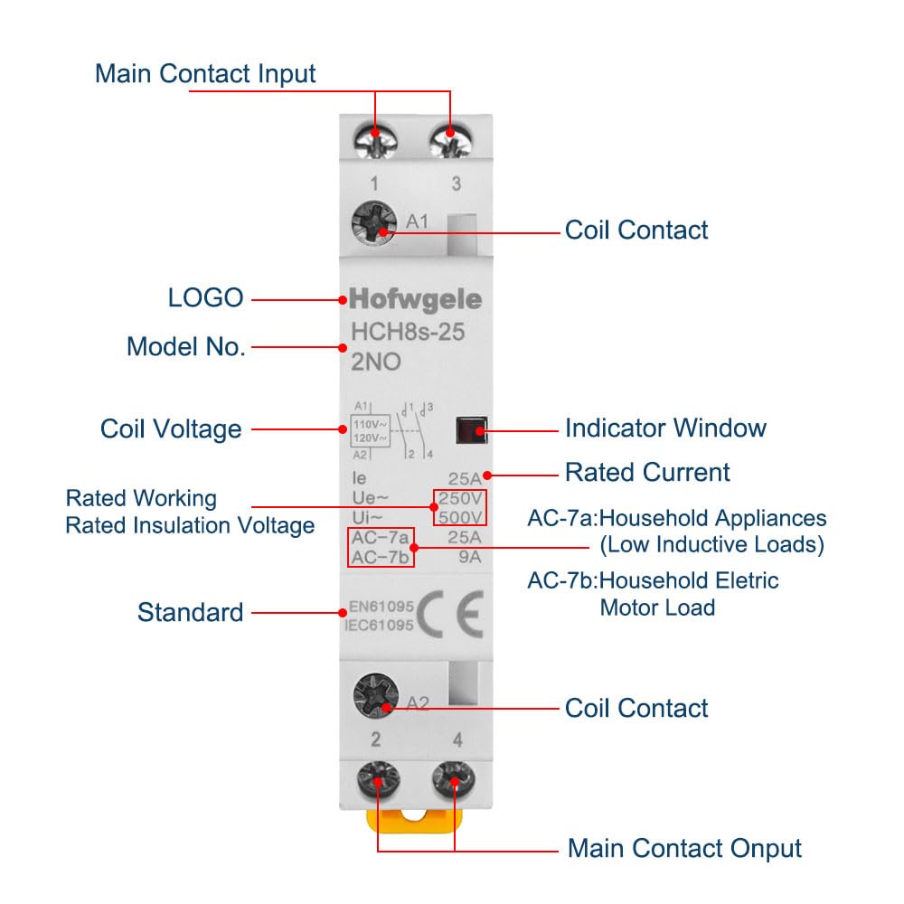Hofwgele HCH8s-25 AC Contactor 25A 2P 110V 120V 2 Pole Universal Circuit Control DIN Rail Mount
