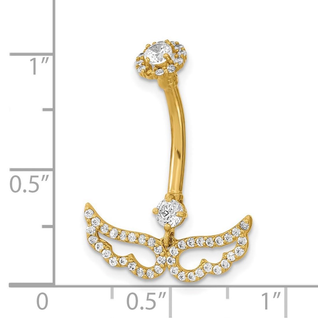 Bauchnabelring aus 14 Karat Gold, 14 Gauge, religiöse Schutzengelflügel, Zirkonia, künstlicher Diamant, Körperschmuck, Maße: 25,65 x 18,89 mm breit, Schmuckgeschenk für Frauen, Metall, Zirkonia