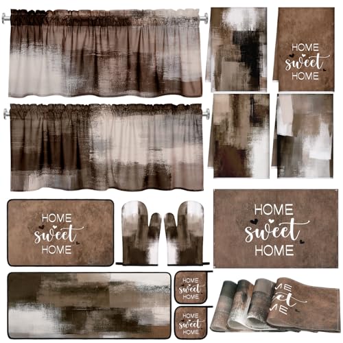 Fourluoo 16 Pcs Decorative Kitchen Set, Brown Kitchen Towels and