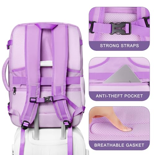 Image of Large Travel Backpack, Laptop Backpack for women, Expandable 52L Carry On Backpack, TSA Water Resistant Weekender 18.4 Inch Laptop Backpack, Anti Theft Business Computer Bag with Port, Purple