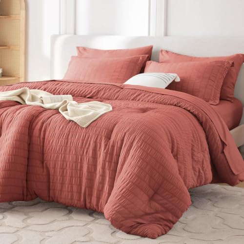 Image of MUXHOMO 7 Pieces Full Comforter Set, Seersucker Bed in a Bag Full Size, All Season Luxury Bedding Set with Comforter, Flat Sheet, Fitted Sheet, Pillowcases & Shams, Coral