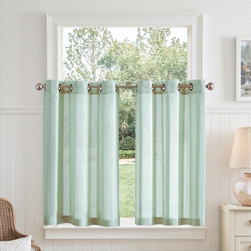 TOPICK Voile Scheibengardinen mit Ösen Transparent Bistrogardine Landhaus Streifen Voile Küchenvorhang Gestreift Küchengardinen Paarig für Badezimmer Klein Fenster Dekor 90x60cm(Bx