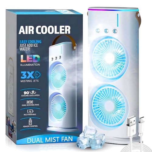Image of Drumstone 𝟏𝟓 𝐘𝐞𝐚𝐫𝐬 𝐆𝐮𝐚𝐫𝐚𝐧𝐭𝐞𝐞 Mini USB Double Fan with 4000mAh Battery, LED Light, Remote, Cold Air Mist Spray, 280ml Tank, 3 Airflow & Spray Modes, Portable Rechargeable Table Fan