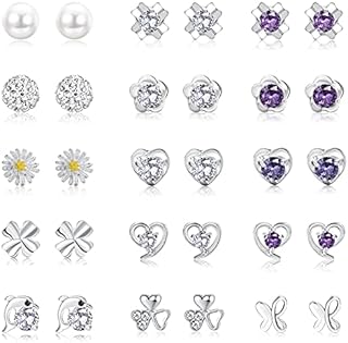 Milacolato 15 Pairs 925 Sterling Silver Stud Earrings Set Cubic Zirconia Earring Pearl Crystal Round Heart Shape CZ Flower Butterfly Stud Earrings Jewelry for Women Girls