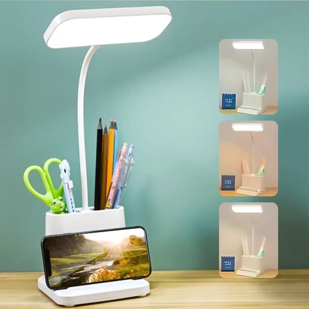 MPROW Rechargeable Study Lamp with 3 Color Modes, Brightness Control, Gooseneck Design, Phone Stand, ABS Body – Table Lamp