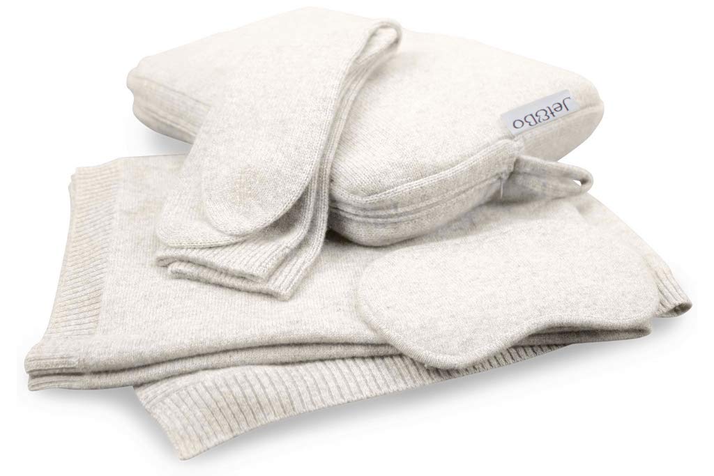 100% Pure Cashmere Travel Set: Blanket, Eye Mask, Socks, Carry/Pillow Case Ivory