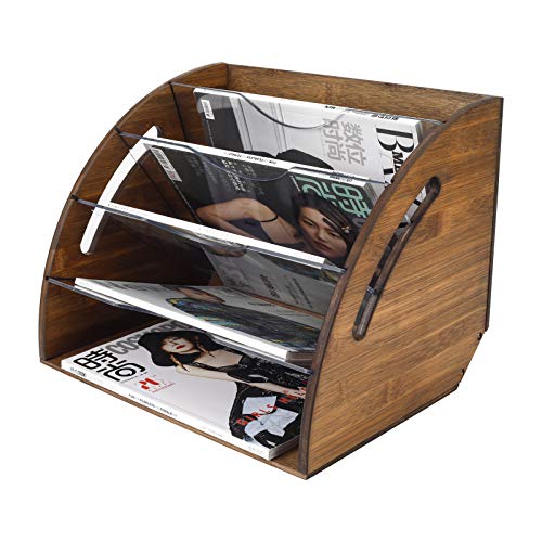 TQVAI Natural Bamboo Fan-Shaped Desktop File Organizer with Acrylic Dividers File Folder Rack - Fit for Storage Office File, A4 Documents, Magazine, Books, Retro Brown