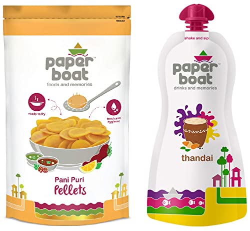 Image of Paper Boat Pani Puri Pellets, Ready to Fry, No Added Colours and Preservatives (400g) + Paper Boat Thandai, Milk Beverage, No Added Preservatives and Colours (Pack of 6, 180ml each)