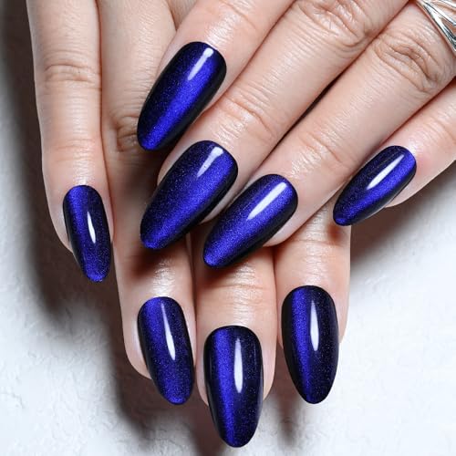 evpct Royal Blue Cat Eye Chrome Press on Nails Medium Almond No Glue