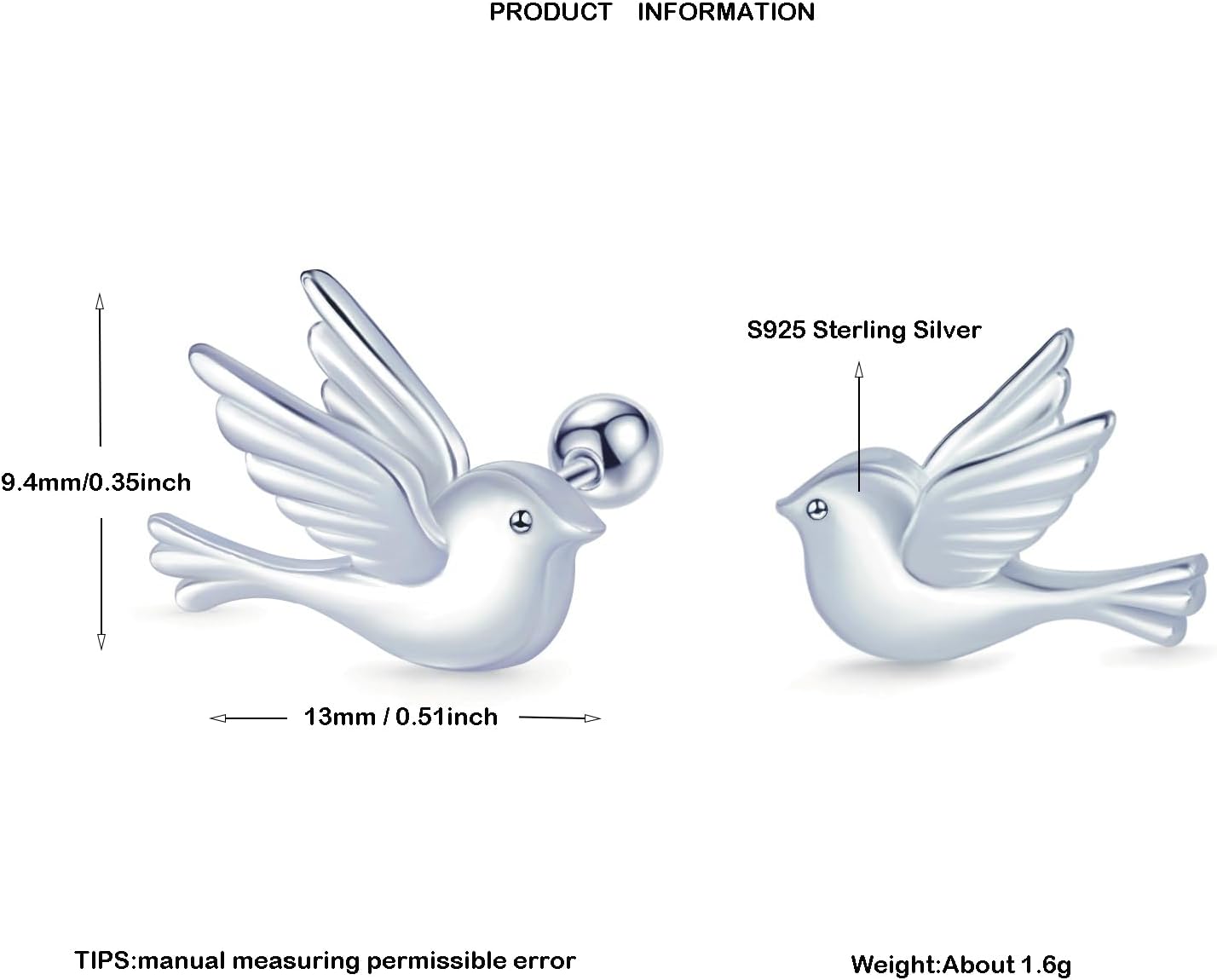 925 Sterling Silver Dove Bird Stud Earrings, Screw Back, High Polish - Image 4