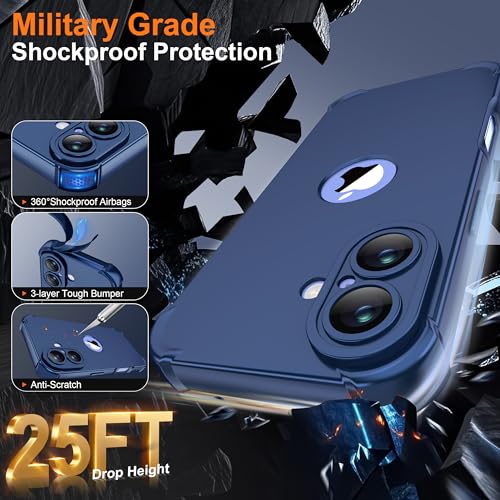 Image of ORETECH 3 in 1 for iPhone 16 Case with 2 x 9H Screen Protector,Blue | Full Body Shockproof Design Smooth Texture,15FT Military Grade, Camera Lens Shield, with Armor Front Frame Protection
