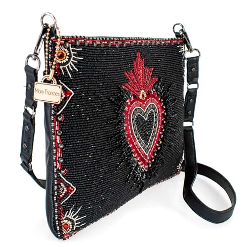Mary Frances Soul Searcher Beaded Crossbody Handbag with Red Embroidered Heart Novelty Evening Purse Bag, Black3