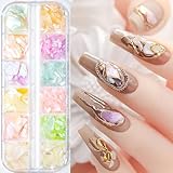 Seashell Slices, 3D Nail Art Glitter Sequins Irregular Thin Flakes Nail Design 12 Mix Colors Shell Slices Decoration UV Gel Shiny Accessories Mermaid DIY Acrylic Nails Supplies for Women Girls