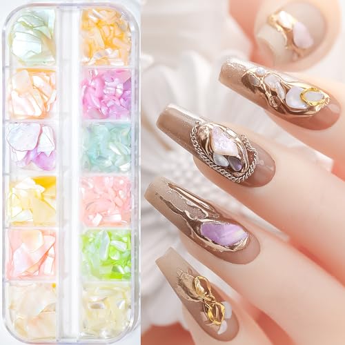 Seashell Slices, 3D Nail Art Glitter Sequins Irregular Thin Flakes Nail Design 12 Mix Colors Shell Slices Decoration UV Gel Shiny Accessories Mermaid DIY Acrylic Nails Supplies for Women Girls