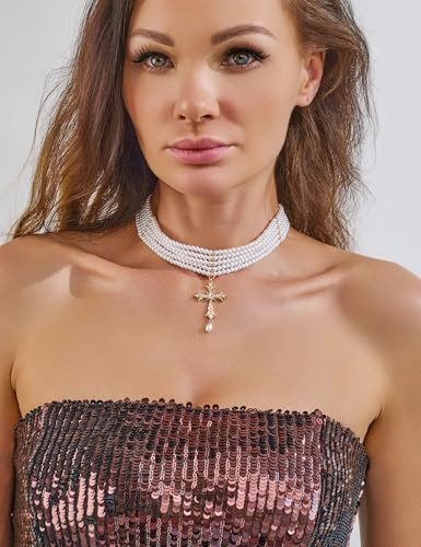WOWORAMA Gothic Pearl Cross Necklace for Women Layered Pearl Strand Necklaces Vintage Punk Goth Cross Pearls Choker Necklaces Halloween Christmas Gothic Jewelry