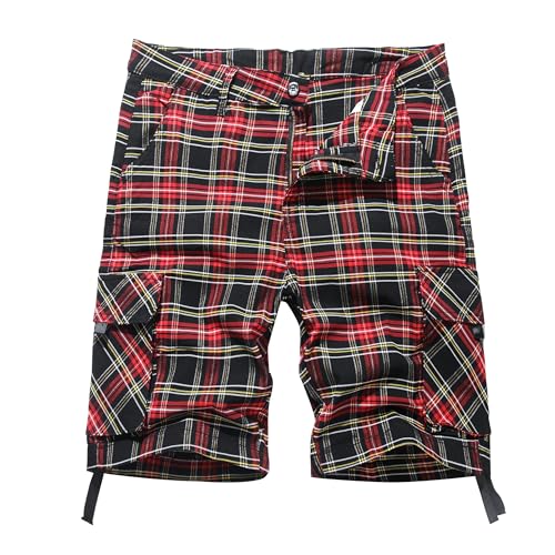 NOVOCCT Cargo Short for Men Relaxed Fit Plaid Outdoor Hiking Work Stretch Cotton Casual Shorts with Multi-Pocket (Black Red Plaid - E5, 38)