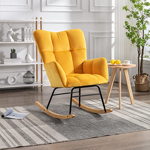 Image of Affmitime Nursery Rocking Chair Indoor, Teddy Fabric Nursing Chair for Mom and Baby, Modern Upholstered Rocker Glider Chair with High Backrest for Bedroom Office Living Room (Yellow)
