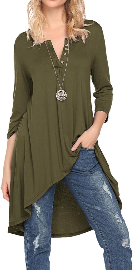 Naggoo Womens 3/4 Sleeve Button V Neck High Low Loose Fit Casual Long Tunic Tops Tee Shirts S-3XL