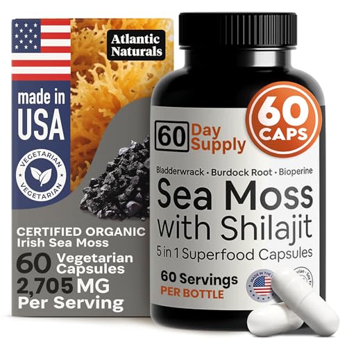 Atlantic Naturals Sea Moss and Shilajit Capsules – 5-in-1 Seamoss Shilajit Combo with Bladderwrack, Burdock Root & Black Pepper – Sea Moss Supplements for Absorption & Vitality – 2705 mg – 60 Count
