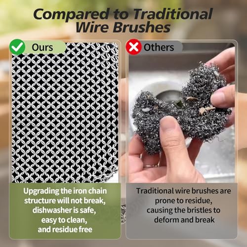 Image of Cast Iron Scrubber and Scraper, 316 Chain Mail Scrubber for Cleaning Dishes, Stock Pots,Black, 1 Count ((Small Chainmail,2pcs))