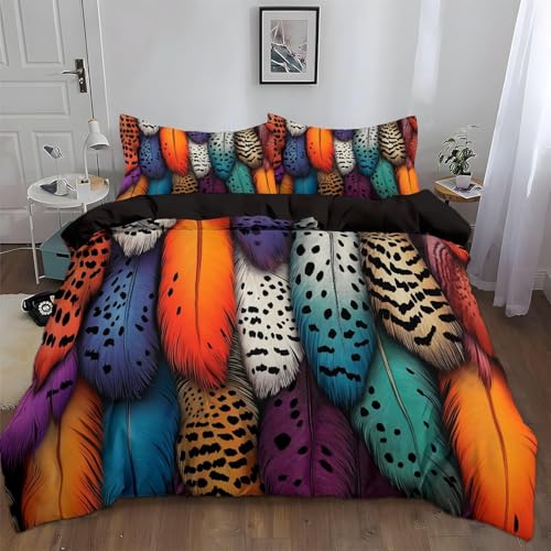 Housse de Couette 150x200 Plumes Colorées Parure de lit 1 Personne Motif De Plumes 3D Imprimée Doux Literie Set Microfibre Housses Couettes avec Fermeture...