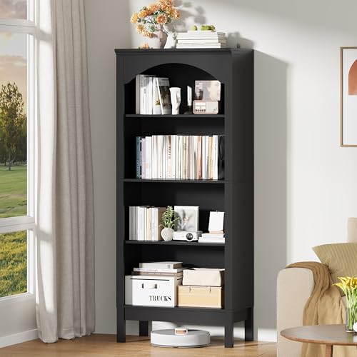 Image of 56 inch H Tall Bookshelf and Bookcase, Arched Book Shelf with 4-Tier Open Shelves, Wooden Storage Bookcase Freestanding Display Bookshelves for Bedroom, Living Room, Black