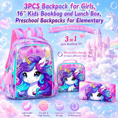 Image of CCJPX 3PCS Unicorn Backpack for Girls, 16 inchKids Preschool Bookbag Set, Cute Water Resistant Elementary School Bag and Lunch Box