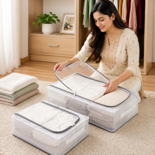 Image of DecorTwist Large Under Bed Storage Box | Heavy-Duty Foldable Organiser with Thick PVC Transparent Cover | Dustproof Storage for Clothes, Shoes, Quilts & Blankets | Home Organizer (Style 1, Pack of 1)