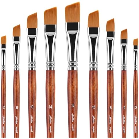 Golden Maple Angular Paint Brushes, 9PC Oblique Tip Nylon Hair Short Handle Artist Angled Paint Brushes Set for Acrylic, Watercolor, Gouache and Oil Painting, Bronze Cover