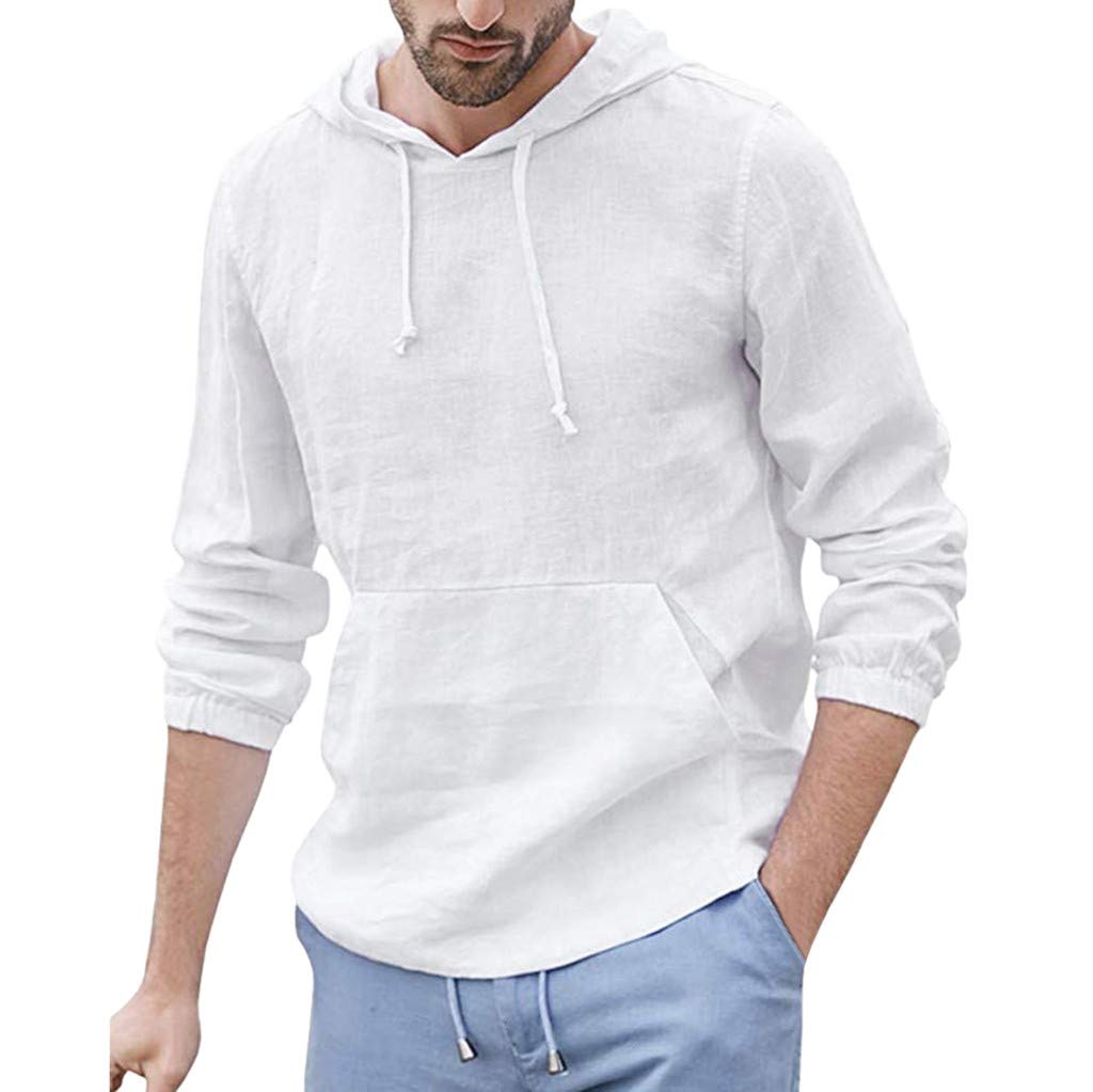Bigine Men's Baggy Hooded Pocket Solid Long Sleeve Retro T Shirts Cotton Linen Tops