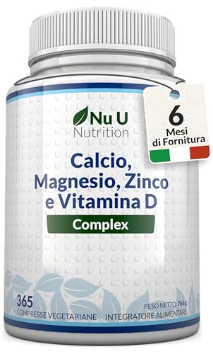 Calcio, Magnesio, Zinco e Vitamina D3 ad Alto Dosaggio - 365 Compresse Vegetariane - Complesso con Selenio, Rame, Manganese e Boro - 6 Mesi di Durata - Prodotto in Europa - Nu U Nutrition