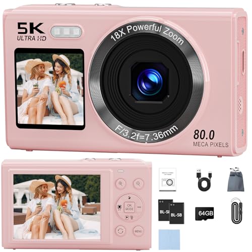 Begally 5K Digital Camera,Dual Screens Camera 80MP Point and Shoot Digital Cameras with 64GB SD Card, 18X Zoom, Compact Small Camera Gift for Kids Boys Girls Beginner(Pink)