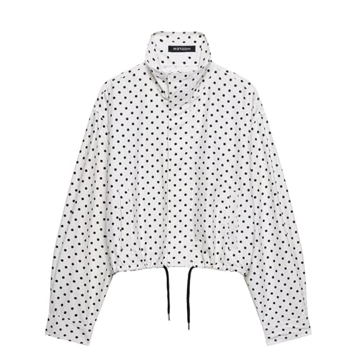 JoinQueen Women Polka Dot Jacket Stand Collar Cropped Jackets Zip Up Coat Casual Fashion Coat Fall Spring Jacket with Pockets(White,M)