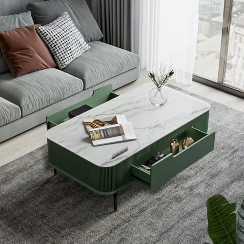 Image of DecorNation Valencia Faux Marble Coffee Table Eucalyptus Mist | Modern Center Table with Two Drawer Storage | PVD Coated Legs | Elegant Living Room Accent Furniture for Home & Office Decor