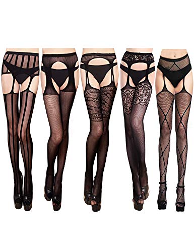 VERO MONTE 5 Pairs Suspender Tights 4 Women Thigh Highs Stockings Fishnet(BLACK)