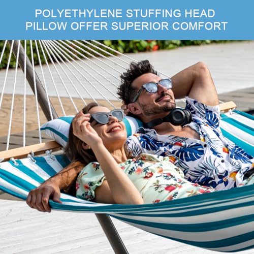 Image of Lazy Daze Hammocks 12FT Quilted Fabric Double Hammock with Spreader Bars and Detachable Pillow, 2 Person Hammock for Outdoor Patio Backyard Poolside, 450 LBS Weight Capacity, Sailor Stripe