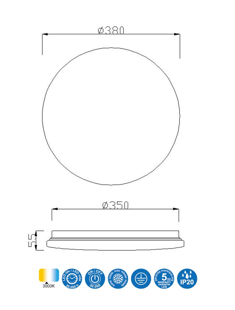 Mantra Iluminación. Modelo ZERO II. Plafón de techo en forma circular de 38 cm de diámetro en color blanco. Fuente de luz LED de 36W 3000K 2350lm