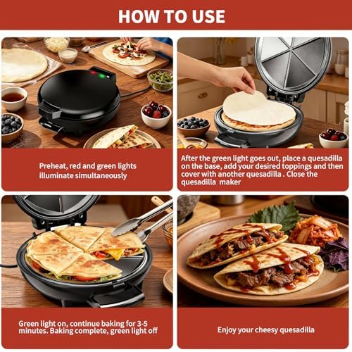 Quesadilla Maker 10 Inch, 900W Dual Heating, 6 Wedges in 3 Mins, Nonstick Plates Easy to Clean, Locking Latch, Safe & Steady, Black — view 5
