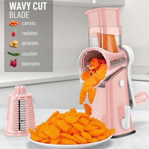 Image of Zulay Kitchen Rotary Cheese Grater 5 Blade Cheese Shredder - Manual Hand Crank Cheese Grater With Reinforced Suction & 5 Interchangeable Drums - Easy to Use, Vegetable Chopper Round Mandoline Slicer