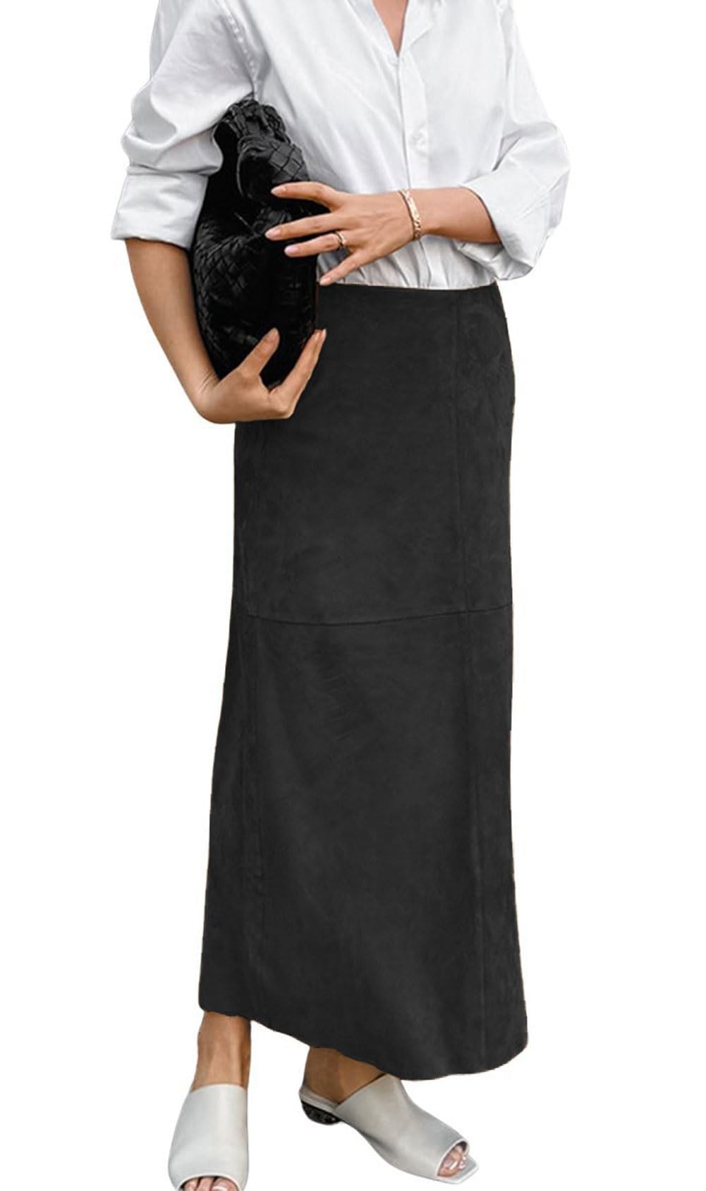 CHARTOU Women Fall Winter Elegant Faux Suede Leather Regular Fit Pencil Maxi Long Skirt